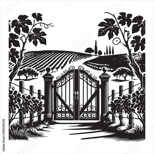 Winery ClipArt Design, Vineyard Scene vector illustration, Grapevine Graphics
