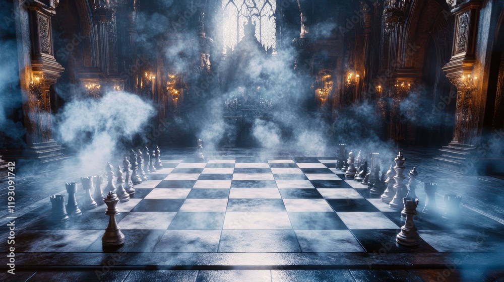 A dramatic chessboard set with smoke effects fills the frame. The award-winning photograph captures the intensity of the game. A dramatic chessboard set with smoke effects fills the frame. The award-winning photograph captures the intensity of the game.