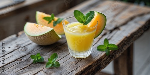 Refreshing cantaloupe juice served with fresh melon slices and mint on a rustic wooden table in a cozy setting