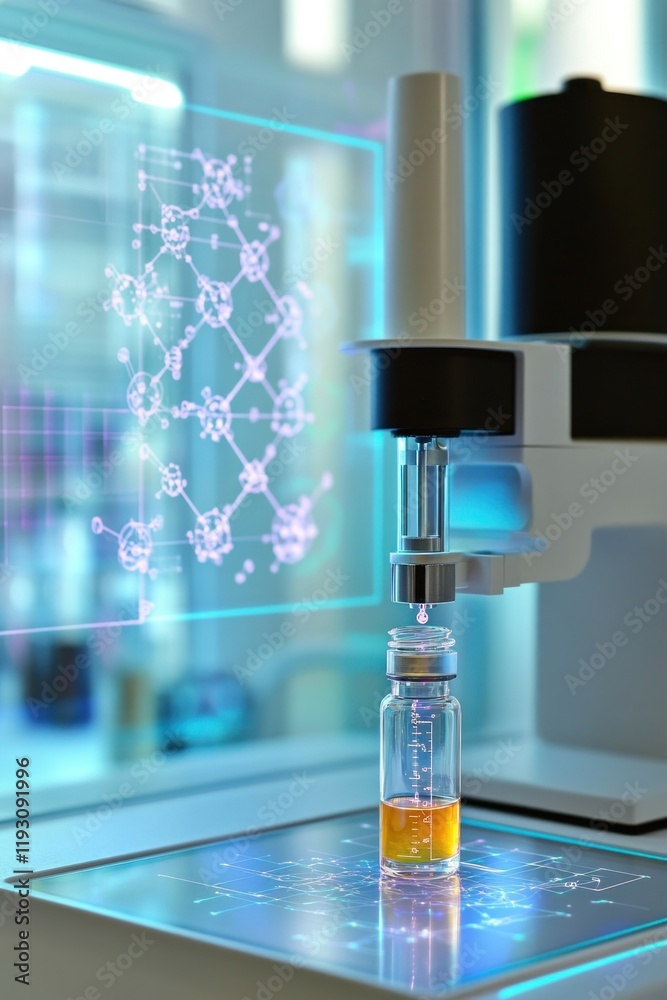 Robotic arm dripping liquid into a vial during a scientific experiment in a laboratory Robotic arm dripping liquid into a vial during a scientific experiment in a laboratory
