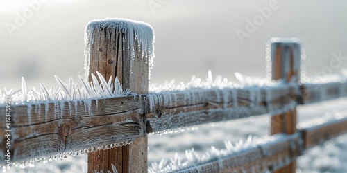 Rustic wooden fence adorned with glistening morning frost photo