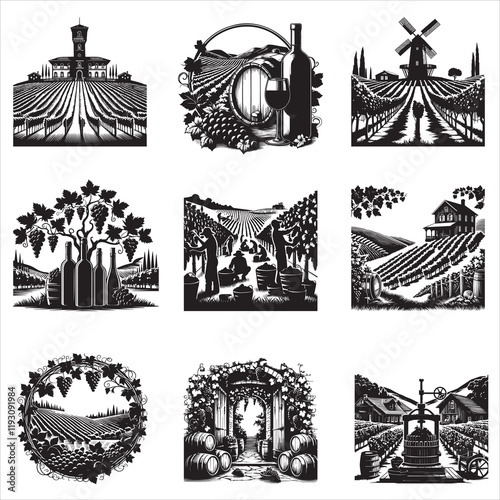 Winery ClipArt Design, Vineyard Scene vector illustration, Grapevine Graphics
