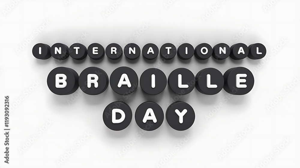 International Braille Day text made from black round 3D elements for business use International Braille Day text made from black round 3D elements for business use