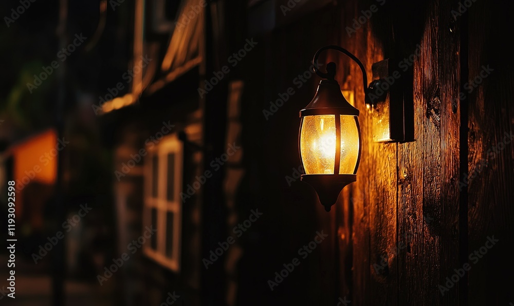 Glowing lantern on wooden wall of old house at night in town Glowing lantern on wooden wall of old house at night in town