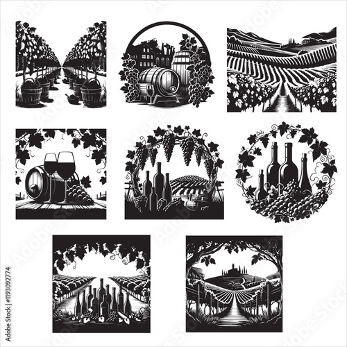 Set of Winery ClipArt Design, Vineyard Scene vector illustration, Grapevine Graphics
