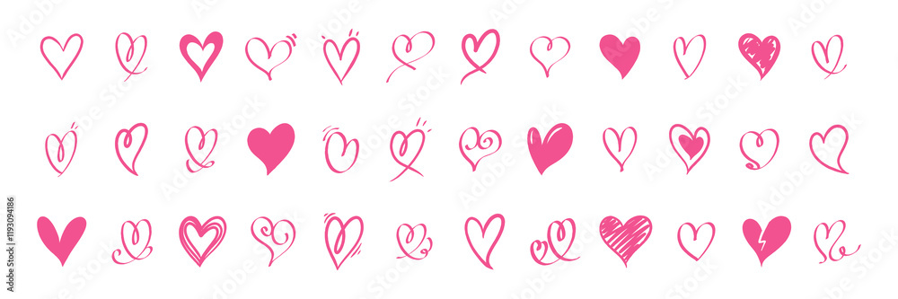 Set of various pink heart illustrations in hand drawn style. Vector icon collection perfect for design projects and love themed symbols.
