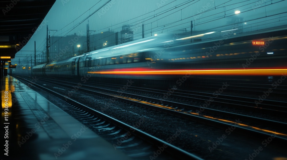 Naklejka premium Bullet train zips through European station at dusk, casting a blur on the platform. Industrial backdrop showcases a modern intercity train on the railroad tracks.