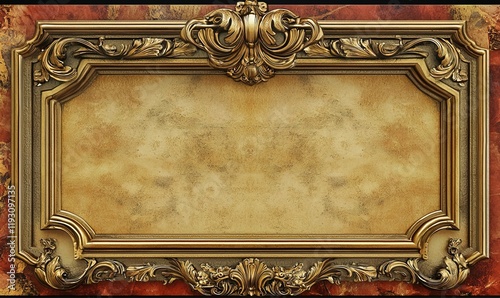 Ornate gold frame on marble, blank parchment center, vintage design element