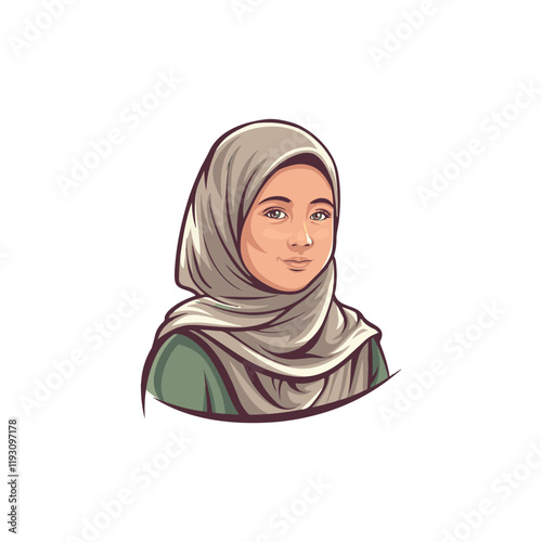 Portrait of young beautiful muslim woman in hijab, side view. Flat vector illustration