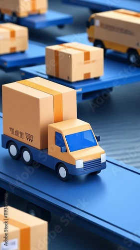 A miniature delivery truck carrying orange packages on a conveyor.