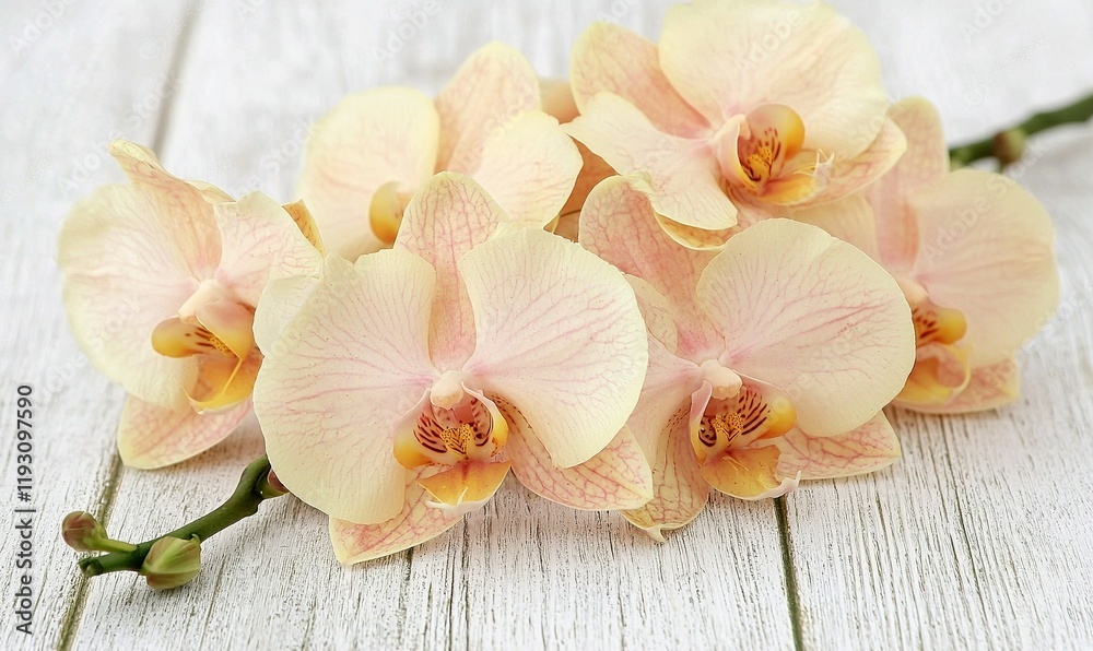 Peach orchids on rustic white wood table, spa background, floral decor Peach orchids on rustic white wood table, spa background, floral decor