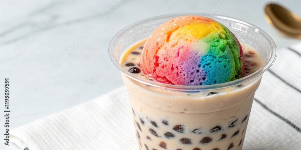 A colorful ice ball floating in a cup of cold milk bubble tea, ice ball, beverage A colorful ice ball floating in a cup of cold milk bubble tea, ice ball, beverage