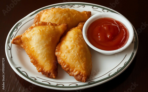 Crispy Samosas Served on a Plate with Tangy Tomato Ketchup for a Perfect Snack Experience. Generative AI photo