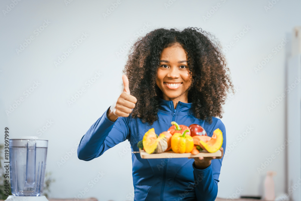 African American woman sitting table, enjoying a colorful salad orange juice, highlighting the health benefits of five-color fruits vegetables, rich in antioxidants, reducing cancer risks,wellness African American woman sitting table, enjoying a colorful salad orange juice, highlighting the health benefits of five-color fruits vegetables, rich in antioxidants, reducing cancer risks,wellness