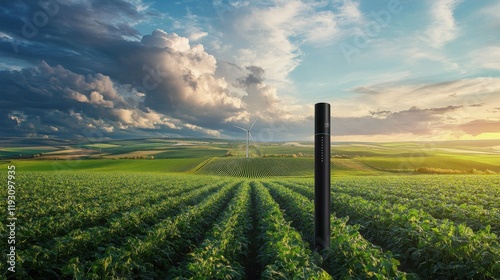 Majestic Wind Turbine Over Lush Farmland: Dramatic Lighting, Vibrant Colors, and Professional Sharpness. A Scenic View of Nature's Harmony and Sustainable Energy. photo