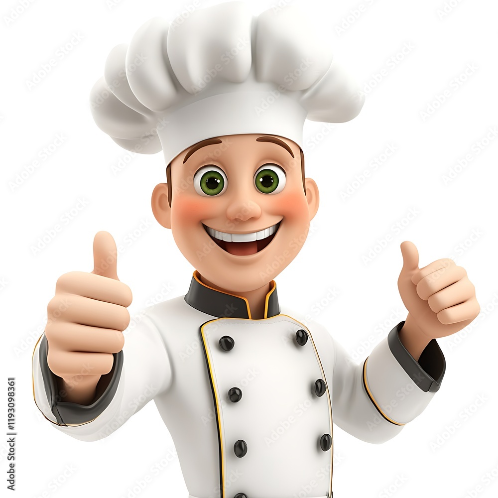 Chef Character Thumbs Up: A cheerful 3D cartoon chef gives a double thumbs-up, conveying approval, satisfaction, and deliciousness. Chef Character Thumbs Up: A cheerful 3D cartoon chef gives a double thumbs-up, conveying approval, satisfaction, and deliciousness.