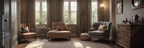 A cozy reading nook with a built-in dressing table and a comfortable chair, calming colors, soft lighting photo