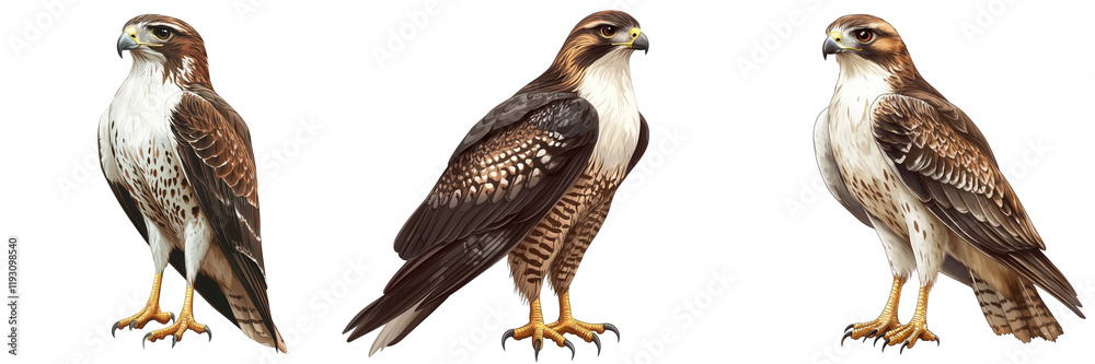 Fototapeta premium Hawks in profile, detailed illustration, brown and white feathers, talons visible, sharp gaze, white background Isolated on white background or PNG