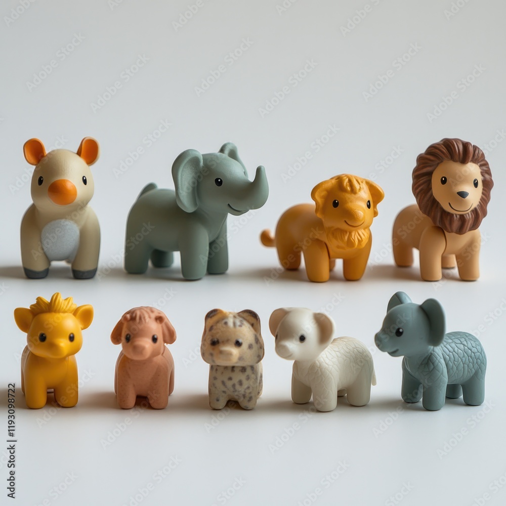 Naklejka premium Colorful miniature animal figures arranged in playful lineup sho