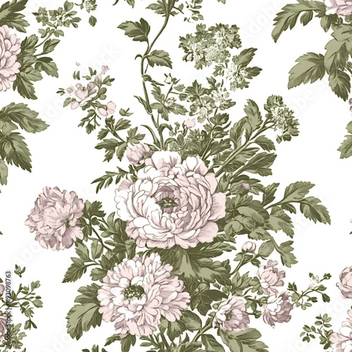 Elegant Seamless Toile de Jouy Pattern with Floral Motifs