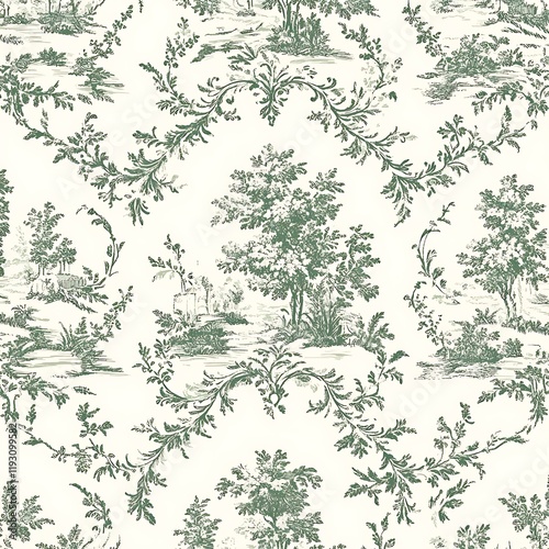 Antique Inspired Seamless Toile de Jouy Pattern for Fabric Design