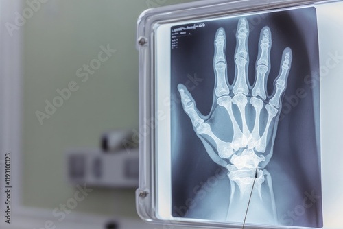 close-up of detailed x-ray of hand pinned to lightbox in modern medical facility photo