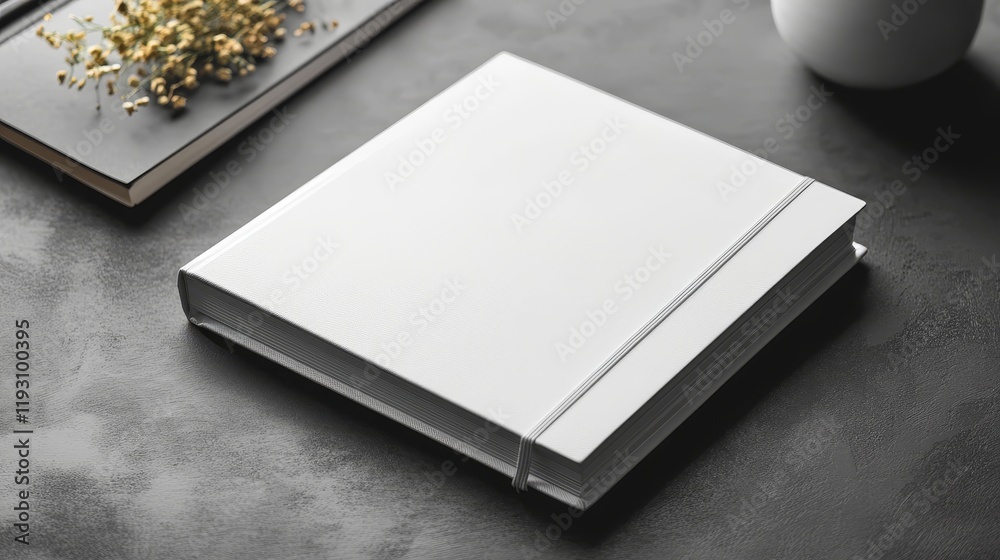 Fototapeta premium White notebook with elastic closure, textured cover, diagonally placed mockup. Empty organizer isolated on a shadowy background, perfect for design or branding purposes.