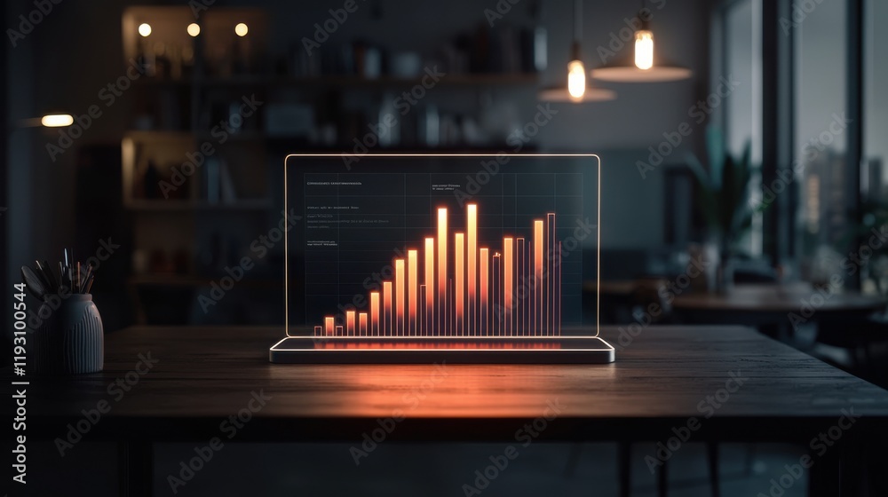 A sleek laptop displays a glowing bar graph in a dimly lit room, symbolizing data analysis and modern technology. A sleek laptop displays a glowing bar graph in a dimly lit room, symbolizing data analysis and modern technology.