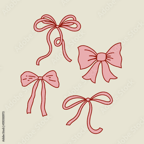 Set of handdrawn bows. Vector illustration. Design for greeting cards, posters, clothing. Stylized collection of cute illustrations.