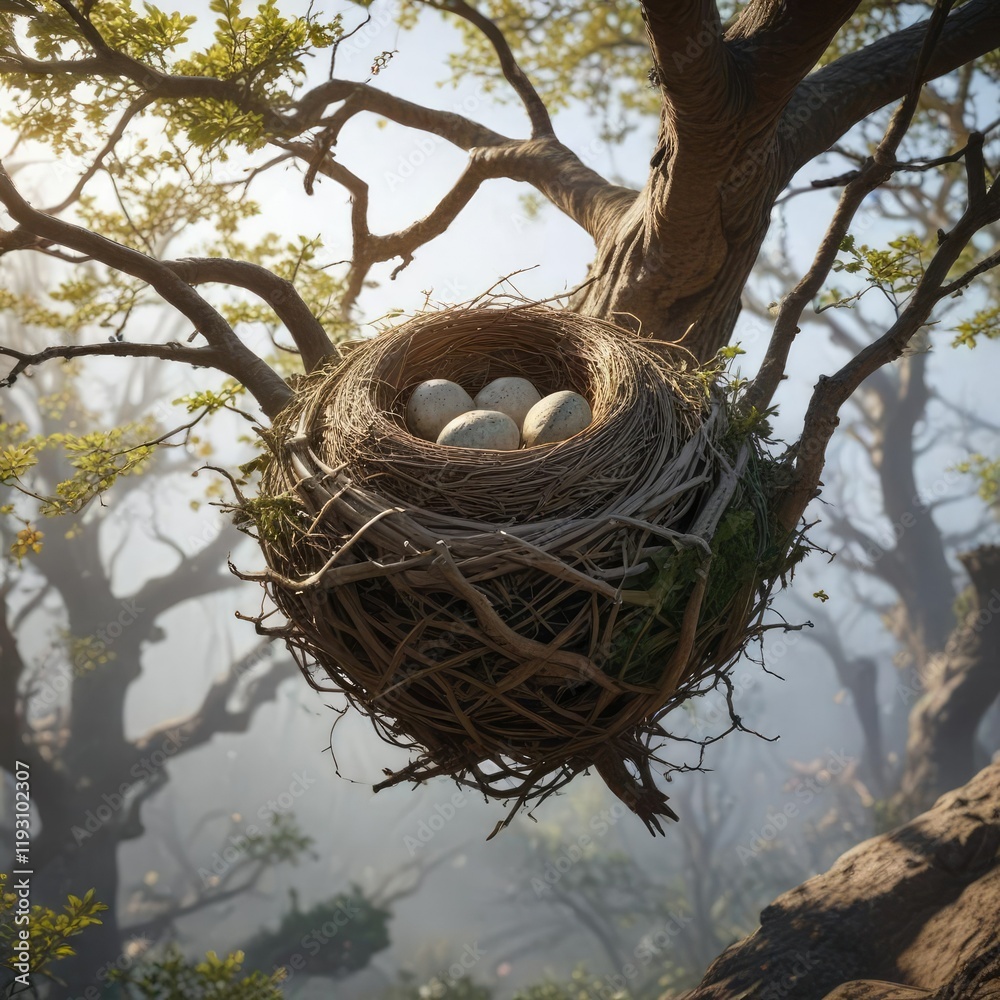 A majestic bird's nest hangs precariously from a branch high above the ground, forest canopy, avian habitat, bird's nest architecture A majestic bird's nest hangs precariously from a branch high above the ground, forest canopy, avian habitat, bird's nest architecture