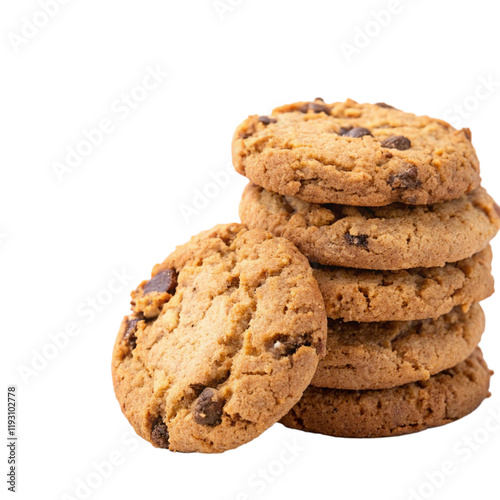 Freshly Baked Chocolate Chip Cookies on White Background with Chocolate Chunks, Isolated transparent background png