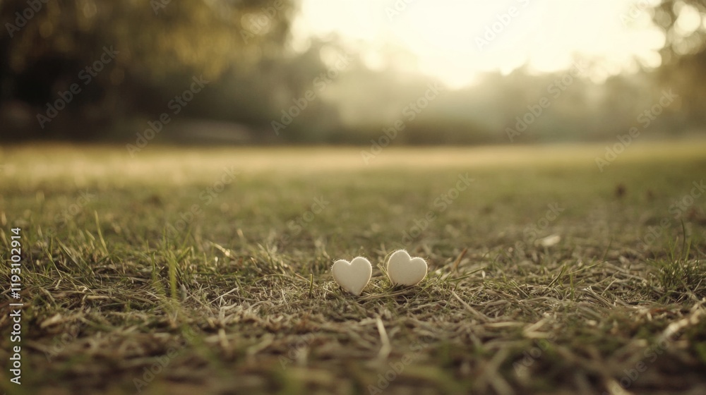Two small white hearts on grass in a park at sunset. Two small white hearts on grass in a park at sunset.