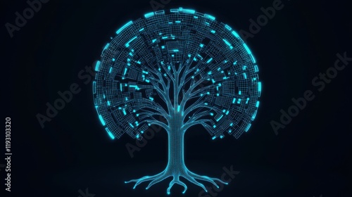 A futuristic tree design with glowing blue elements, symbolizing technology and nature's connection in a digital world.