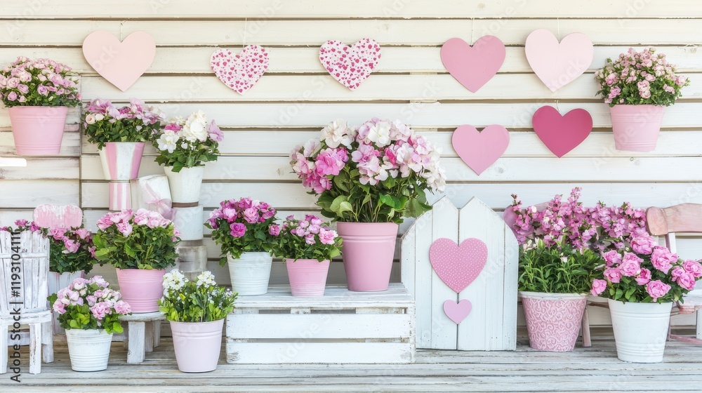 Fototapeta premium Romantic Pink Flowers in Pots Hearts Decorated Porch Setting