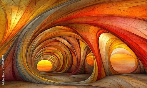 Fototapeta Naklejka Na Ścianę i Meble -  Abstract autumn cave with swirling, leaf-like formations, sunset glow.