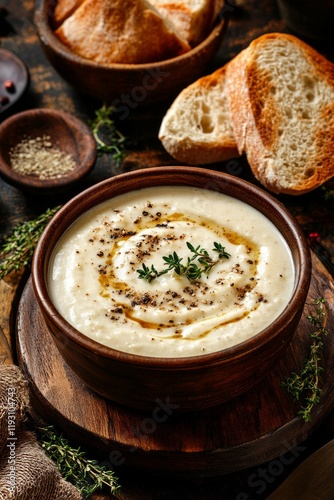 Creamy topinambur soup in rustic bowl with bread for a cozy meal