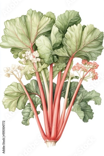 Detailed botanical study of rhubarb showcasing red stems and green leaves in a watercolor illustration for educational purposes
