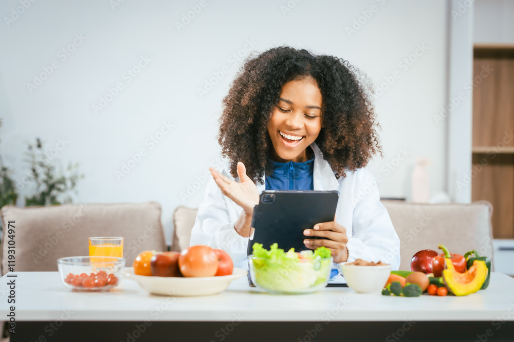 An African American female nutritionist sits at a table, consulting online with patients. She talks about the benefits of eating fruits and vegetables, emphasizing healthy eating and the importance An African American female nutritionist sits at a table, consulting online with patients. She talks about the benefits of eating fruits and vegetables, emphasizing healthy eating and the importance