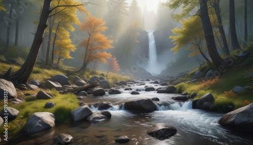 A misty morning scene along a creek in the woods with Wildwood Falls in the background, peaceful ambiance, nature scene, forest atmosphere