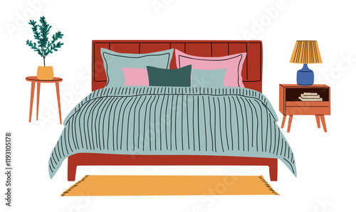 Cozy double bed in modern home bedroom interior. Comfortable pillows, cushions, duvet, blanket, lamp, book on nightstand, rug, potted plant. Flat vector illustration isolated on transparent background