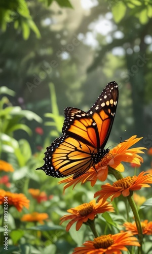 A monarch butterfly alights on the vibrant orange petals of a zinnia flower in a sunny summer garden, floral, butterflies, insects photo