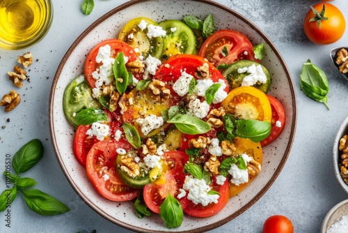 Elevated tomato carpaccio with green zebra tomatoes, goat cheese, and walnuts on clean modern background photo