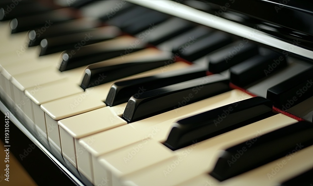 Close-up of piano keys, ready to be played, in a dimly lit room, ideal for music-related content.