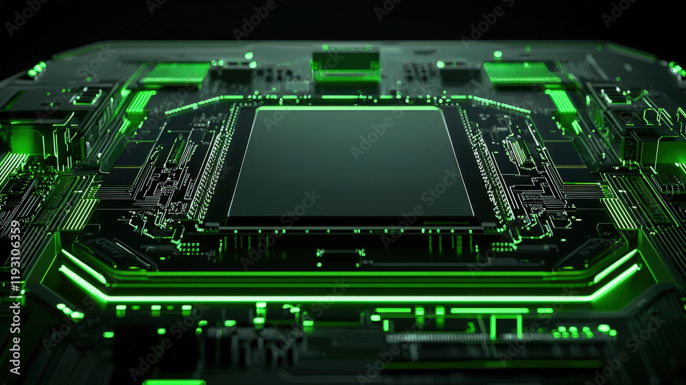 Fototapeta premium A futuristic circuit board design with glowing green elements on a dark background, perfect for tech-related ads, digital products, and innovation-focused marketing. 