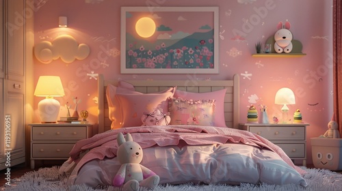 a cozy girl's room with a comfortable bed, a stylish nightstand, and a sweet toy collection, in a calming pastel setting