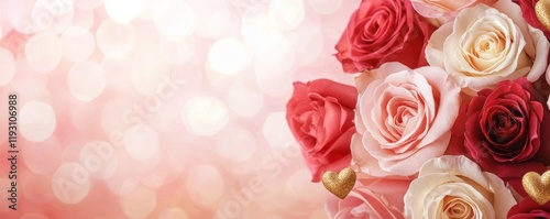 Valentine's day theme background. A bouquet of red and pink roses with soft bokeh in the background, evoking romance and beauty, perfect for special occasions.