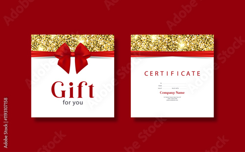 Gift card template with realistic red bow. Certificate, coupon, flyer design. Discount card for shop or boutique. Vector illustration