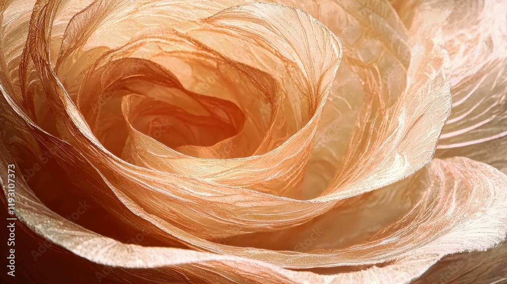 A close-up view of delicate rose petals, showcasing intricate textures and soft peach hues. The light enhances the glossy, smooth surface of the petals. A close-up view of delicate rose petals, showcasing intricate textures and soft peach hues. The light enhances the glossy, smooth surface of the petals.