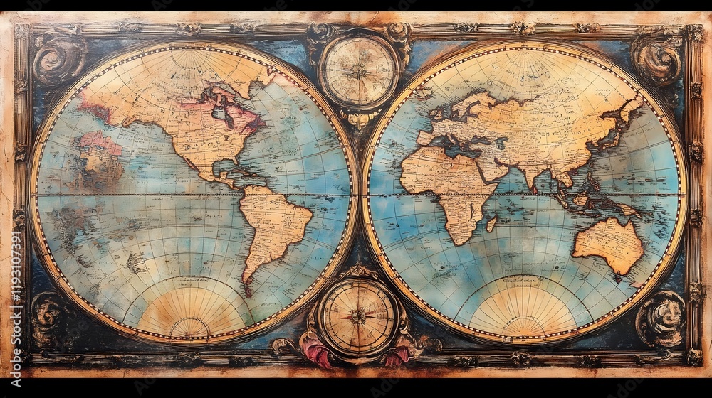 Naklejka premium A detailed antique world map on aged parchment with warm, golden tones.