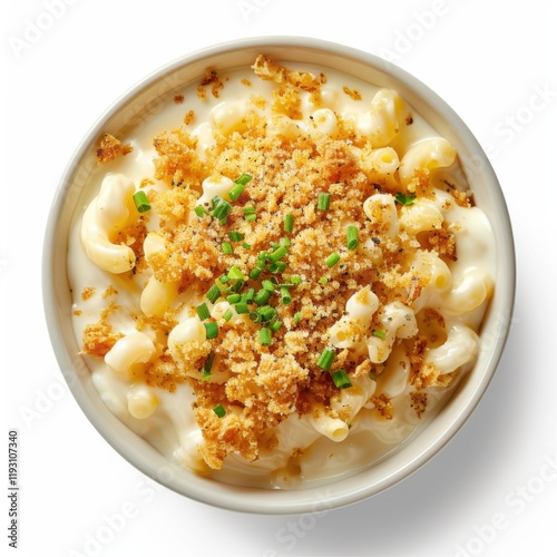 A bowl of creamy mac and cheese with a breadcrumb topping, isolated white background, hyperrealism art style